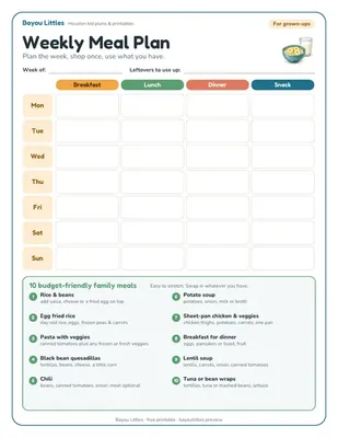 Preview of the Cheap-meals weekly planner printable