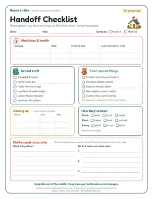 Preview of the Co-parenting handoff checklist + calendar printable
