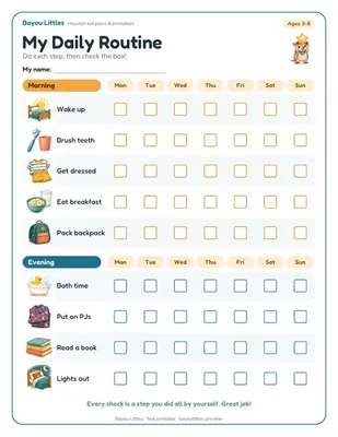 Preview of the Kids’ daily routine chart (two homes) printable