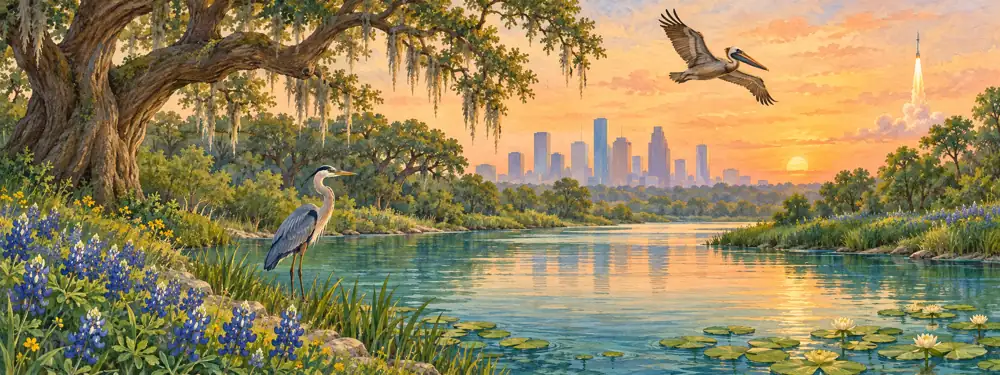 Watercolor painting of a Houston bayou with live oaks, a heron and the skyline at sunset
